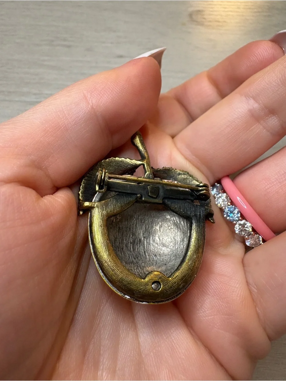 Vintage Fruit Brooch with Brass Leaves - Orange‎ Yellow Peach Pin